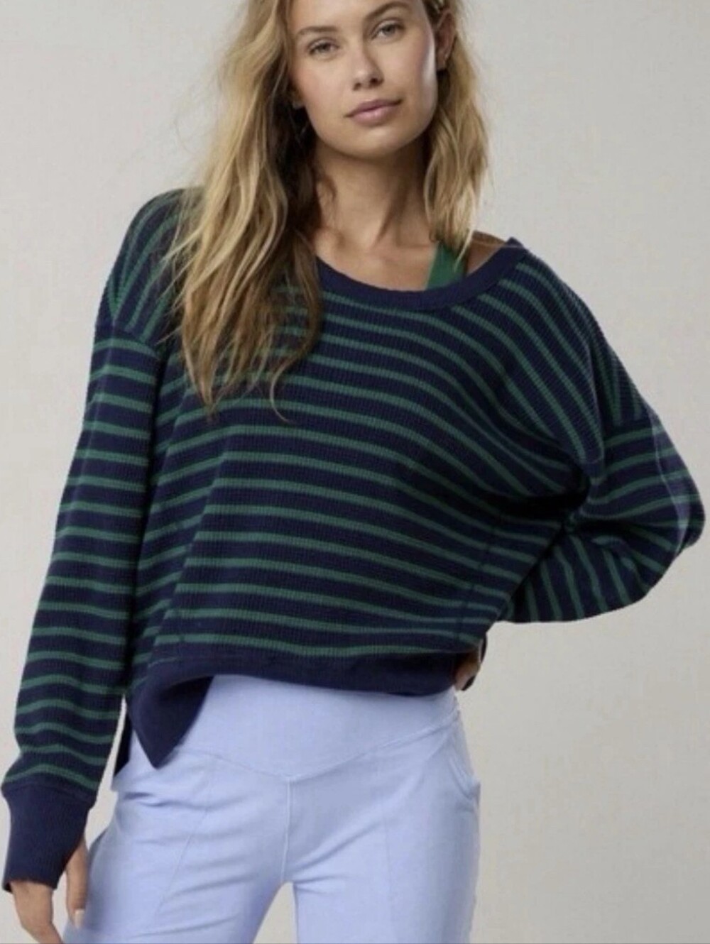 aerie Navy and Forest Green Striped Rib-Knit Sweater